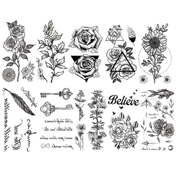 CARGEN Black Realistic Temporary Tattoos - 10 Sheets Sexy Flowers Rose Sunflower Feather Key Words Believe Butterfly Moon Tattoos for Women Girls Makeup Fake Tattoo Great for Thighs Chest Shoulder