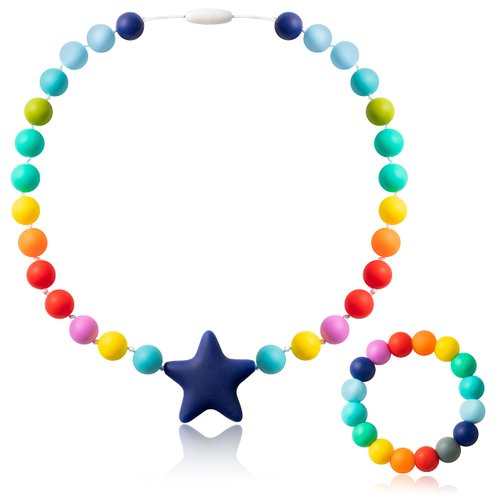 s 2Pcs Sensory Chew Necklace Bracelet Silicone Chewable Jewelry Rainbow Chew Teether Necklace Autism ADHD SPD Baby Oral Motor Chewing Beads Bracelet Biting Teething Toy for Babies