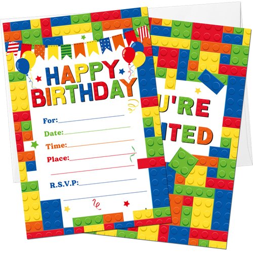 Nezyo 30 Pack Birthday Party Invitations with Envelopes Bulk Colorful Building Block Invitation Kids Stacking Bricks Invite Card Set Girls Boy Decorations Supplies