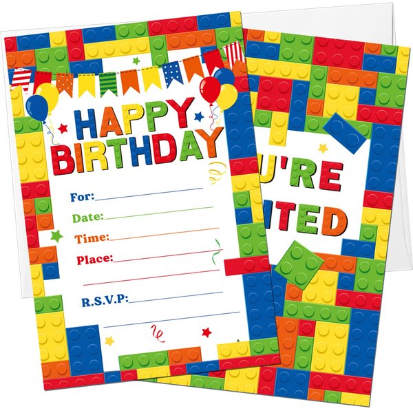 Nezyo 30 Pack Birthday Party Invitations with Envelopes Bulk Colorful Building Block Invitation Kids Stacking Bricks Invite Card Set Girls Boy Decorations Supplies