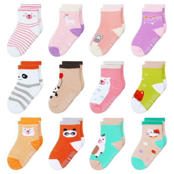 HYzgb Toddler Socks Girls 1T-2T-3T with Non Slip Grips 12 Pairs Baby Socks 12-18-24 Months Cotton Crew Grippers Socks Toddlers Girls 1-2-3 Years Old Gift (Multi-Colors)