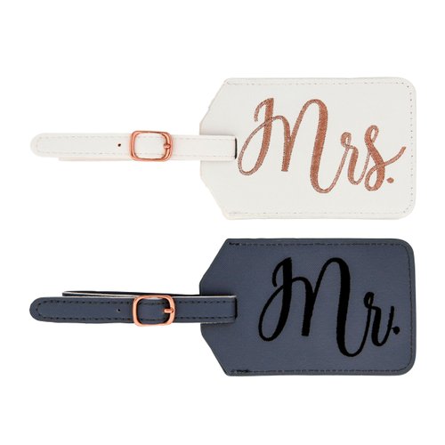 Miamica Mrs. & Mr. Luggage Tags – Set of 2 Faux Leather Suitcase Tags with Sturdy Buckle Straps – 6.85" x 3" Each – Cute Honeymoon, Bachelorette, Engagement Gifts