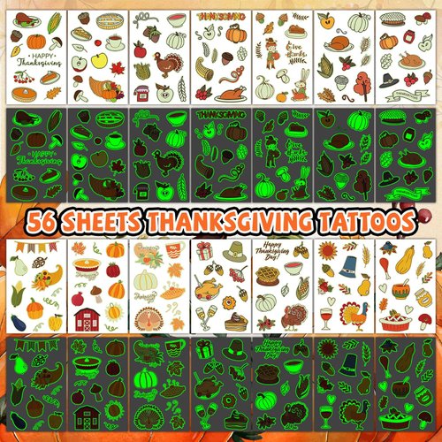 EMOME Thanksgiving Fall Tattoos for Kids, Bulk Party Favors Decorations Supplies Autumn Tattoos, Thanksgiving Games Fillers Prizes for Fall Festival Decor Activities (56PCS)