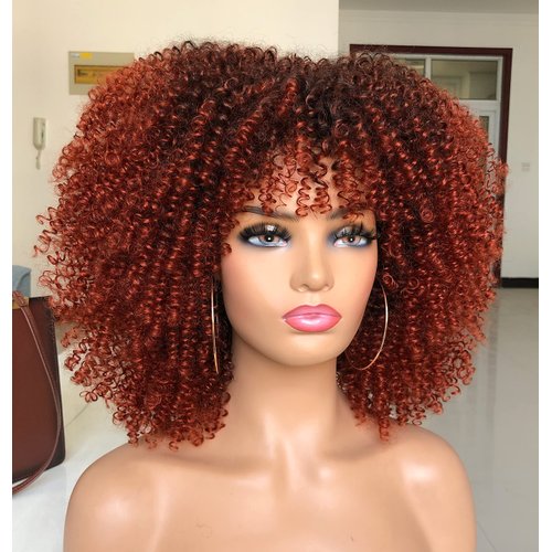 CC Hair 14inch Curly Afro Wigs for Black Women Short Kinky Curly Wigs with Bangs Black To Copper Afro Hair Synthetic Fibre Wigs BLACK R