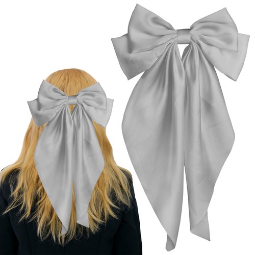 Pufandor Hair Bow Silky Satin Hair Ribbons for Women, Gray Bows for Girls Hair Bowknot Barrettes Long Tails with Clips Big Hair Bows Hair Accessories (Gray 1pc)