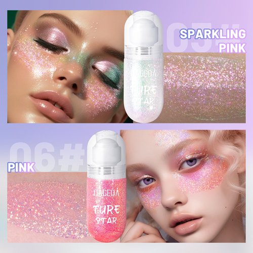 DAGEDA 2Colors Roll-on Body Glitter Gel for Body, Hair, Face, Holographic Glitter Makeup for Rave Accessories, Body Shimmer Hair Glitter Gel for Halloween Makeup(Sparkling Pink+Pink)