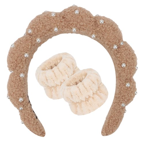 ACO-UINT 3Pcs Spa Headbands and Wrist Washbands Set, Pearl Skincare Headbands Makeup Headband Sponge Face Wash Headband, Terry Cloth Headbands Puffy Hair Band for Washing Face