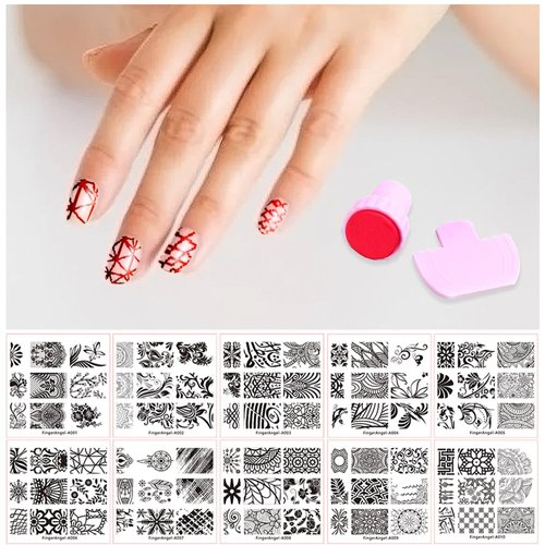 FingeAngel 10PCS Nail Plates +1 Nail Stamper + 1 Nail Scraper Nail Art Image Stamp Stamping Plates Manicure Template Nail Art Tools (A1-10)