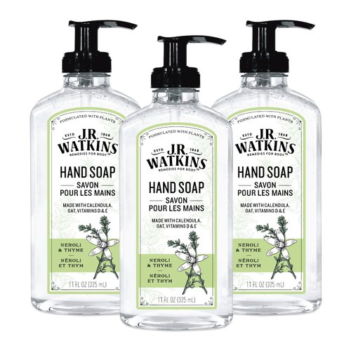 J.R. Watkins Liquid Hand Soap With Dispenser, Moisturizing Hand Soap, Alcohol-Free Hand Wash, Cruelty-Free, USA Made Liquid Soap For Bathroom and Kitchen, Neroli & Thyme, 11 Fl Oz, 3 Pack