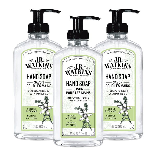 J.R. Watkins Liquid Hand Soap With Dispenser, Moisturizing Hand Soap, Alcohol-Free Hand Wash, Cruelty-Free, USA Made Liquid Soap For Bathroom and Kitchen, Neroli & Thyme, 11 Fl Oz, 3 Pack