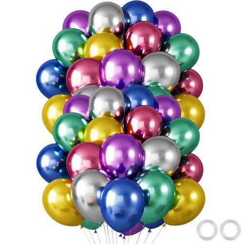 60 Pcs 12 Inches Metallic Party Balloons, 6 Assorted Colors Metallic Balloons for Birthday Graduation Carnival Baby Shower Wedding Decoration