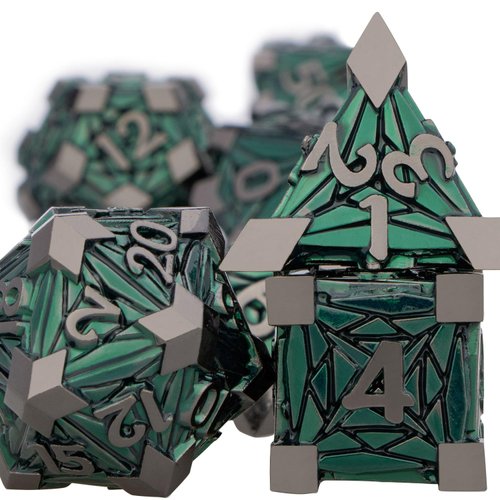 ORIFANTOU 7PCS Metal DND Dice Set Green D&D Dice with Box, Debris RPG D and D Dice Dungeons and Dragons Role Playing Game Polyhedral Dice Set D20 D12 D10 D8 D6 D4