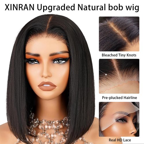 Bob Wig Human Hair 13x4 HD Lace Front Wigs Human Hair 180% Density Short Straight Bob Human Hair Wigs for Black Women Pre Plucked Glueless Frontal Lace Wigs Natural Black 12 inch