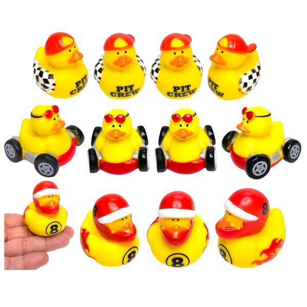 Race Car Driver Rubber Ducks (12 Pack) Racing Car, Drivers in Helmet and Baseball Cap. Bath Tub Toys and Jeep Duck Ducking