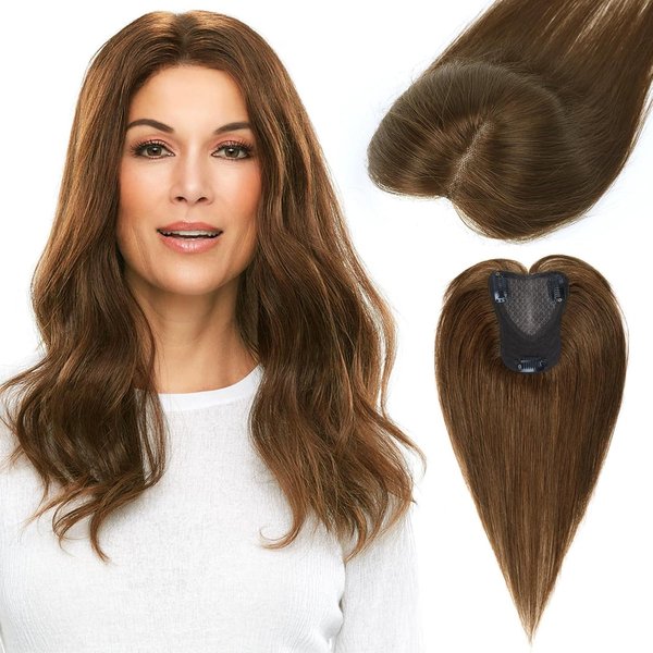 Hair Toppers for Women Real Human Hair Extensions Clip in Bangs 100 Percent Human Hair Topper with Thinning Hair for Daily 8x11cm Hand-Woven Area Coverage Swiss Lace Natural Hairpiece Light Brown