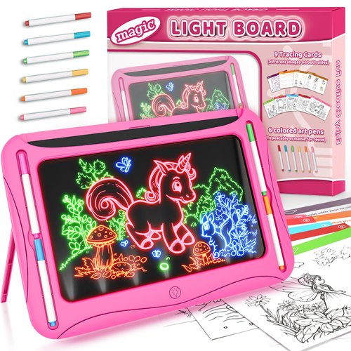 Magic LED Drawing Board for Kids, Girls Toys Age 6-8, Light Up Tracing Pad with 9 Dual-Sided Card, 6 Marker, Doodle Writing Tablet Toddler Learning Toy, Arts and Crafts Kit 4-6 Christmas Birthday Gift