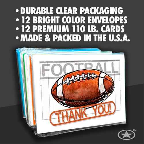 Play Strong Football Thank You Note Cards 12-Pack (4.25"x5.5") Illustrated Sports Powercard Note Card Set 12-Pack Perfect for Football Players, Coaches, Fans and Fanatics - They'll Love 'Em!