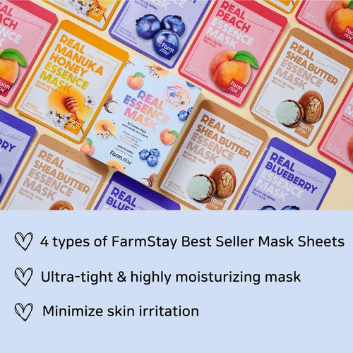 FARMSTAY Real Essence Mask Combo Pack, 0.78 fl. oz. x 12 (Blueberry, Peach, Manuka Honey, Shea Butter)