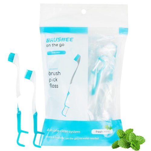 Brushee - The Evolution of Oral Care | 3-in-1 Tool (Pre-Pasted Mini-Brush + Floss + Pick) | Individually Wrapped | Disposable | Prepasted Travel Toothbrushes | Small Adult Toothbrush - (24-Pack)