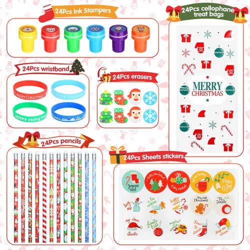 Christmas Stocking Stuffers Party Favors for Kids Christmas Stationery, 144pcs 24 Pack Christmas Goodie Bag Fillers Including Christmas Pencils, Wristbands, Stickers, Stamps and Erasers in Treat Bags