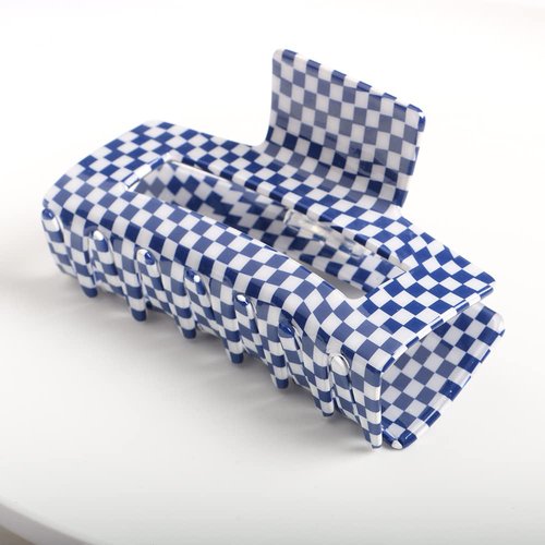 Checkered Hair Claw Clips,Pack of 1,Vintage Checkered Claw Clips Cellulose Acetate Banana Clips,Nonslip Banana Hair Clamp for Women Girls (Blue,L)