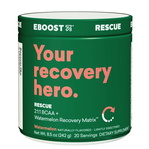 EBOOST Rescue Natural Vegan BCAA Recovery Powder Supplement - 20 Servings - Naturally Flavored Watermelon - 2:1:1 Ratio Amino Acids for Muscle Recovery - Pre and Post Workout for Men & Women