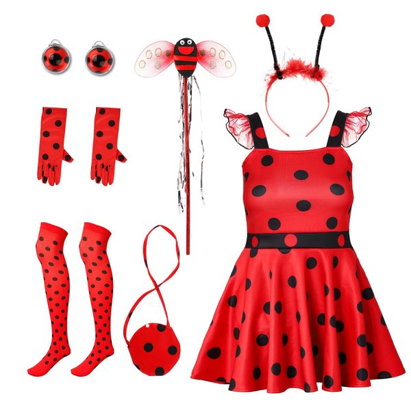 Mikovivi LLadybug Costume Set, 7pcs 100 Days of School Ladybug Costume Accessories Ladybug Halloween Costume Ladybug Dress Costume