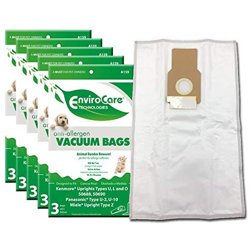 EnviroCare Replacement Allergen Vacuum Bags designed to fit Kenmore 50688 and 50690 Type U, L, and O, Panasonic Type U-2, U-10 Uprights 15 Pack