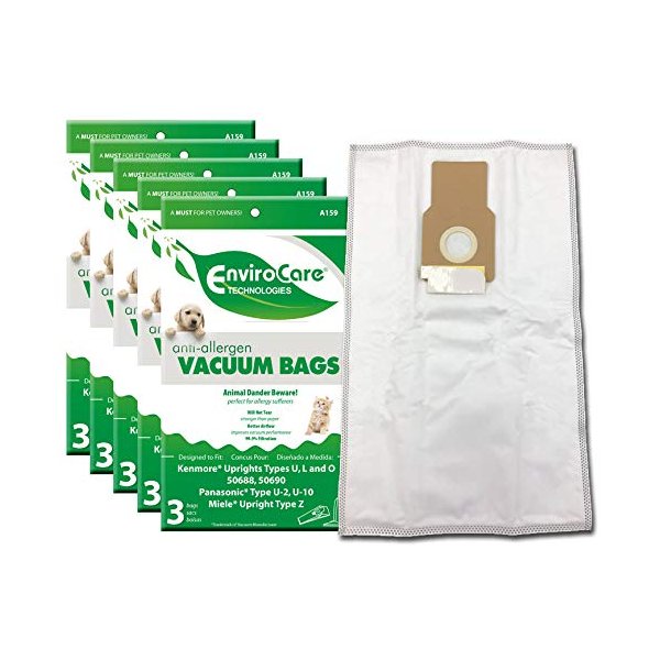 EnviroCare Replacement Allergen Vacuum Bags designed to fit Kenmore 50688 and 50690 Type U, L, and O, Panasonic Type U-2, U-10 Uprights 15 Pack