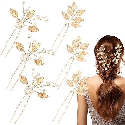Dimeho Bridal Wedding Hair Pins Gold Flower Pearl Hair Pins Clips Vintage Wedding Hair Accessories Crystal Pearl Bridal Headpiece Side Comb Leaf Styling Hairpin for Brides Bridesmaids Women, 6 Pcs