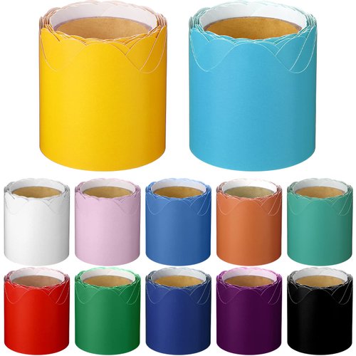 12 Rolls Scalloped Bulletin Board Borders 196 Feet Rolled Borders Classroom Bulletin Boarder Trim Decorative Multicolor Boarders and Trimmers for School, Wall, Classroom Decoration, 12 Colors