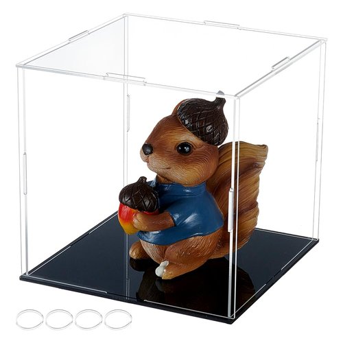 FINGERINSPIRE Clear Acrylic Display Case with Black Base & 4 Pcs Rubber Rings 6x6x6 Inch Cube Clear Self-Assembly Acrylic Box Dustproof Protection Showcase for Action Figures Collectibles Toys