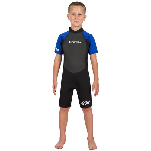 Hyperflex Access Child's and Junior's 2mm Backzip Shorty Wetsuit - Warm, Comfortable Kid's Springsuit with 4-Way Stretch Neoprene and SPF Protection - Adjustable Collar and Flat Lock Construction,(Blu