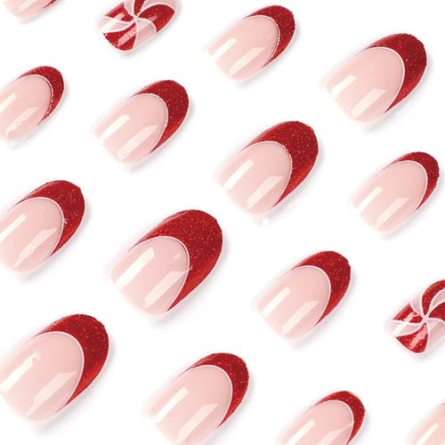 Christmas Press on Nails Short, French Red Glitter Christmas Candy Cane Fake Nails with Design Oval Nails for Women New Year Acrylic False Nail Kits Static Stick on Nails Reusable Full Cover 24Pcs