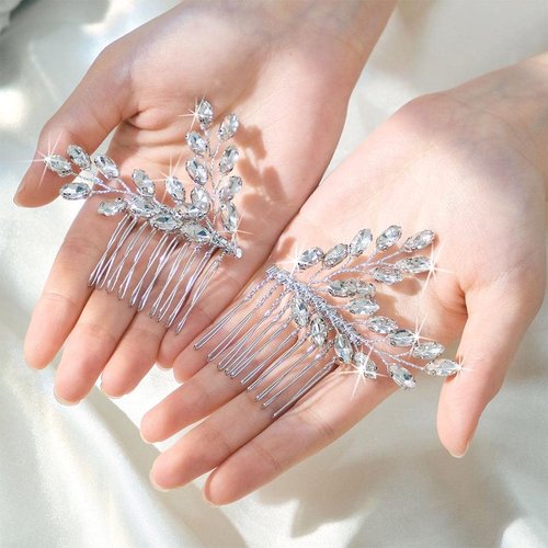 Easedaily Rhinestone Bride Wedding Hair Comb Silver Crystal Bridal Hair Pieces Hair Accessories for Women and Girls (Pack of 2)