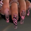 Halloween Press on Nails Long Square Fake Nails Pink Goth Ghost Flame with Glitter Fake Nails Design Spider Web Full Cover Artificial Glue on Nails Glossy Nude Stick on Nails for Women Manicure 24pcs