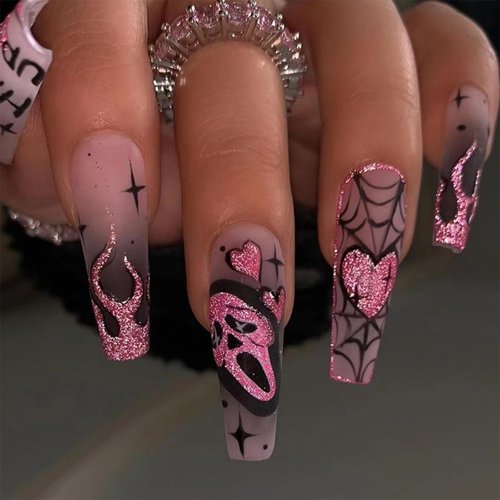 Halloween Press on Nails Long Square Fake Nails Pink Goth Ghost Flame with Glitter Fake Nails Design Spider Web Full Cover Artificial Glue on Nails Glossy Nude Stick on Nails for Women Manicure 24pcs