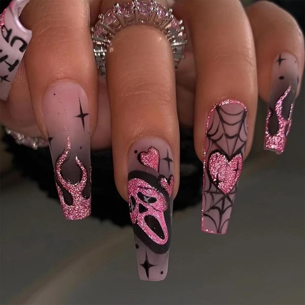 Halloween Press on Nails Long Square Fake Nails Pink Goth Ghost Flame with Glitter Fake Nails Design Spider Web Full Cover Artificial Glue on Nails Glossy Nude Stick on Nails for Women Manicure 24pcs