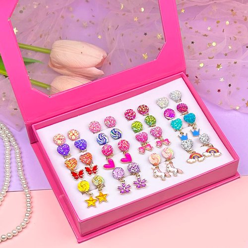 EleMirsa 16 Pairs Kids Clip On Earrings for Girls Jewelry Earrings Princess Game Dress Up Pretend Play Earrings for Little Girls Earrings Set Gift Box