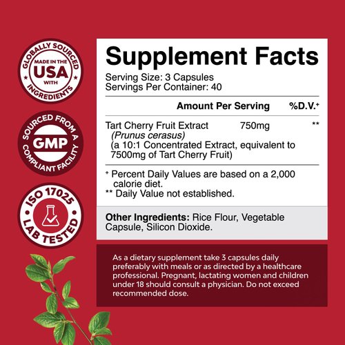 Advanced Tart Cherry Extract Capsules - Extra Strength 750mg Per Serving Equivalent Tart Cherry Capsules Uric Acid Cleanse and Joint Support Supplement - Muscle Recovery Supplement 120 Count