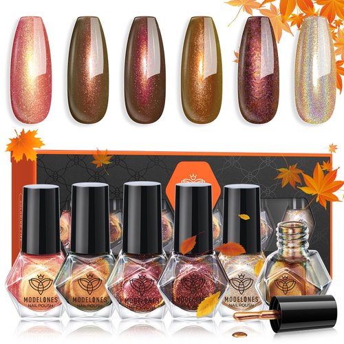 modelones Nail Polish Set 6 Colors, Fall Holographic Rose Gold Brown Quick Dry Nail Lacquer Kit, ...