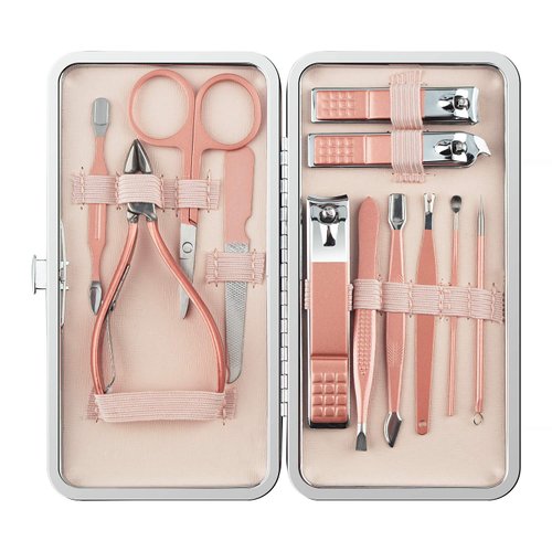 leiwo Manicure Set,Pedicure Kit Nail Scissors Stainless Steel Professional Toenails Cuticle Cutter Clipper Fingernails Grooming Kit with Pink Leather Travel Case (12pcs Pink)