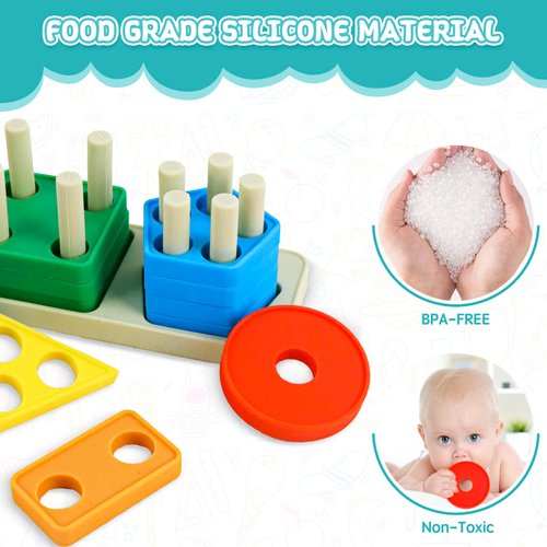 MEZHOBBY Silicone Montessori Toys for 1 to 3-Year-Old Boys Girls Toddlers, Silicone Sorting & Stacking Educational Toys, Color Recognition Stacker Shape Sorter, Learning Puzzles Gift (Bright)