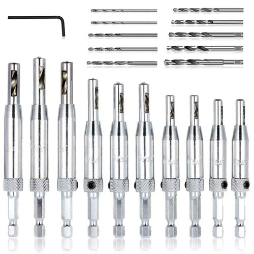 21 pcs Center Drill Bit Set, AFUNTA Self Centering Hinge Tapper Core Hole Puncher 5/64'' 7/64'' 9/64'' 11/64'' 13/64'' 5mm 1/4'' & 1 Pcs Hex Key & 10 Pcs Replacement Drill Bits
