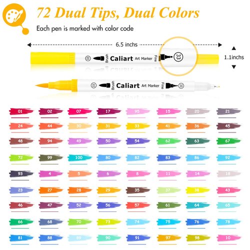 Caliart 72 Colors Dual Tip Art Markers for Adult Coloring - Easter Basket Stuffers for Teens, Gifts for Teen Gifts Trendy Stuff, Brush Pens With Fine and Brush Tips for Lettering Drawing Supplies Kit