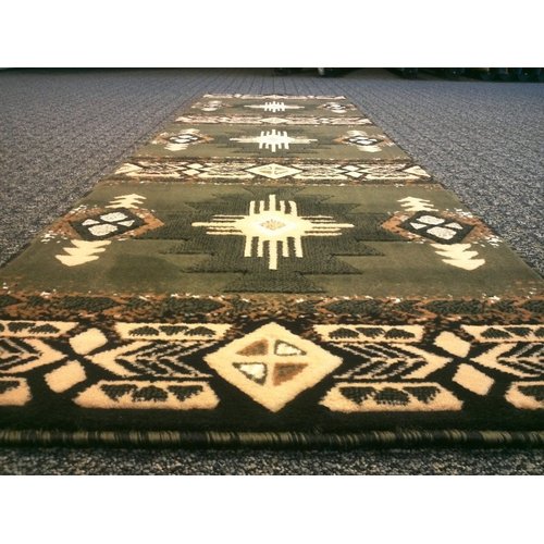Champion Rugs South West Runner Rug Green Design # CR53 (2 Feet X 7 Feet Runner)