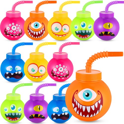 Mifoci 12 Pieces Halloween Monster Party 10 oz Monster Pattern Cups with Straws and Lids Monster Theme Party Favor Gift Plastic Cups Boys Girls Birthday Halloween Party Baby Shower Decorations