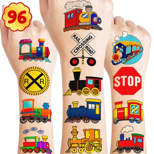 Train Temporary Tattoos Themed Birthday Party Supplies Decorations Favors Decor Cute Stickers Tattoo 8 Sheets 96 PCS Gifts for Kids Boys Girls Classroom Rewards Prizes Christmas