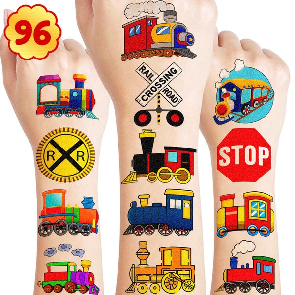 Train Temporary Tattoos Themed Birthday Party Supplies Decorations Favors Decor Cute Stickers Tattoo 8 Sheets 96 PCS Gifts for Kids Boys Girls Classroom Rewards Prizes Christmas