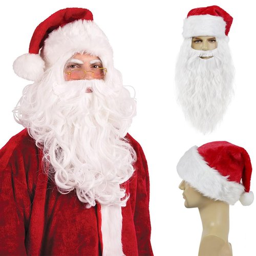 GNIMEGIL White Costume Wigs Sets, Santa Claus Beard and Wig with Red Santa Hat - Christmas Costume Accessories for Men, Perfect for Halloween Cosplay and Parties